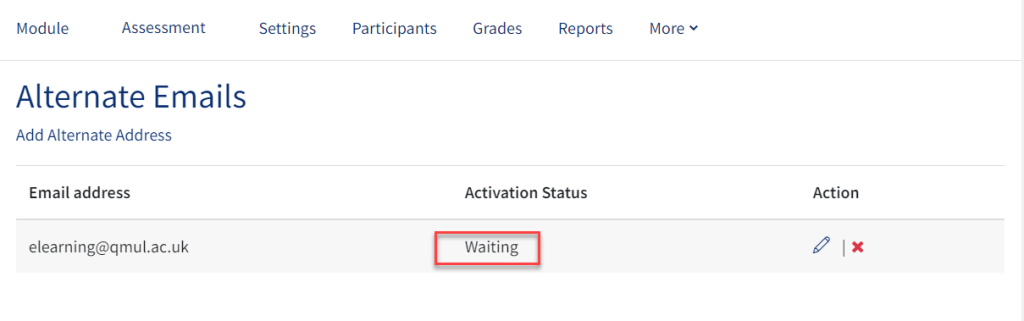 Alternative emails including email address and activation which states waiting (highlighted)